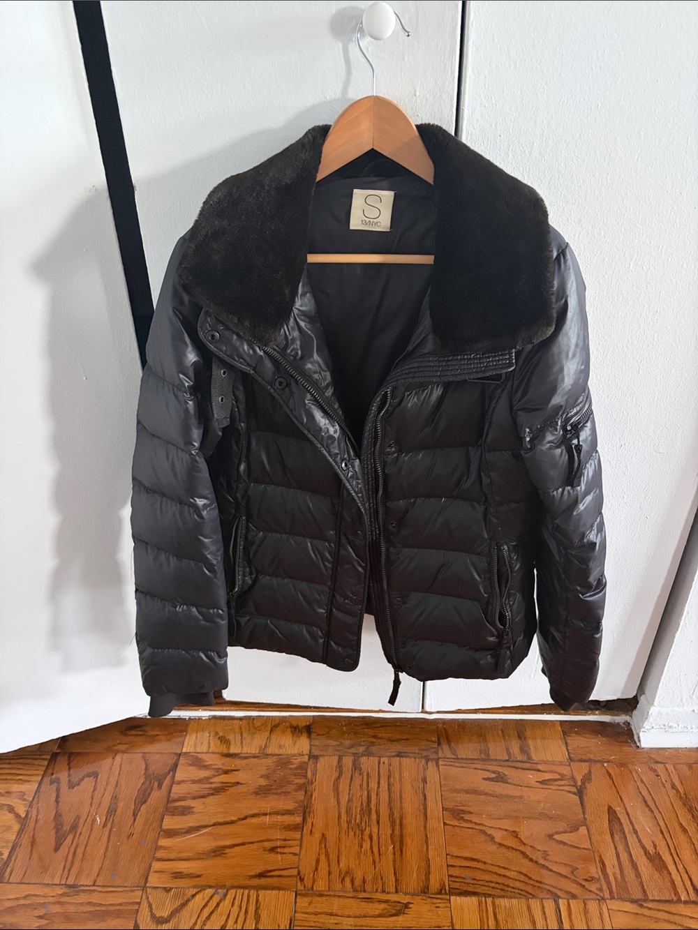 Sandro Black Quilted Puffer Bomber Jacket with Faux Fur Collar